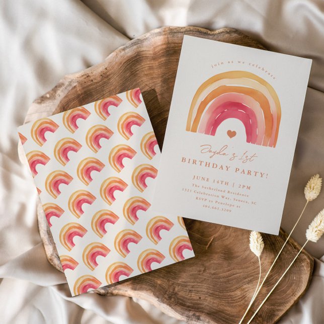 Convite Festa de Aniversário Infantil Boho Rainbow Terraco (Boho rainbow kids birthday party invitations.)