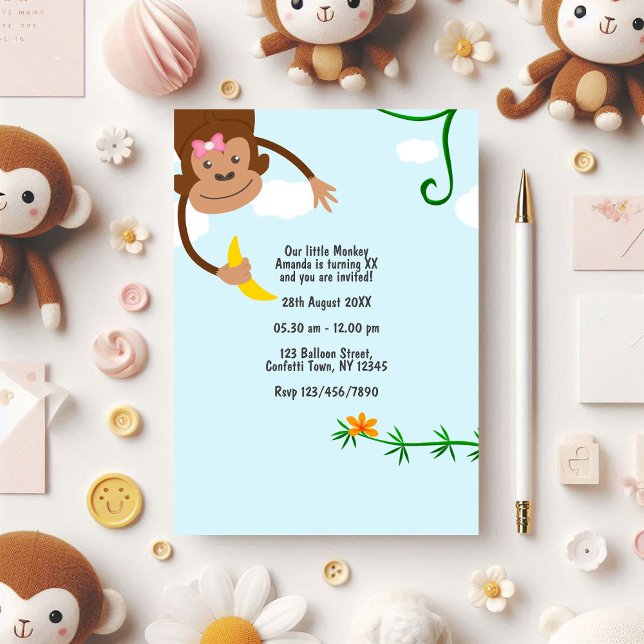 Convite Festa de Aniversário Infantil Cheerful Monkey Jung (Cheerful Monkey Jungle Kids Birthday Party)