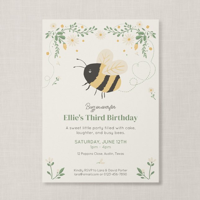Convite Festa de Aniversário Infantil com Abelha Melífera  (Wildflower Flight - Honeybee Birthday Invitation, Front)