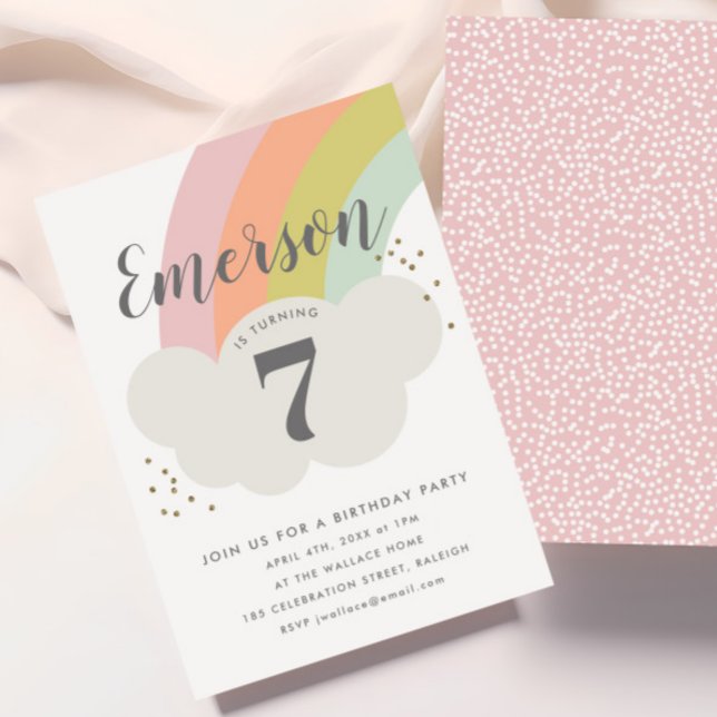 Convite Festa de aniversário infantil com nuvem arco-íris  (Kids Rainbow Birthday Party Invitations.)