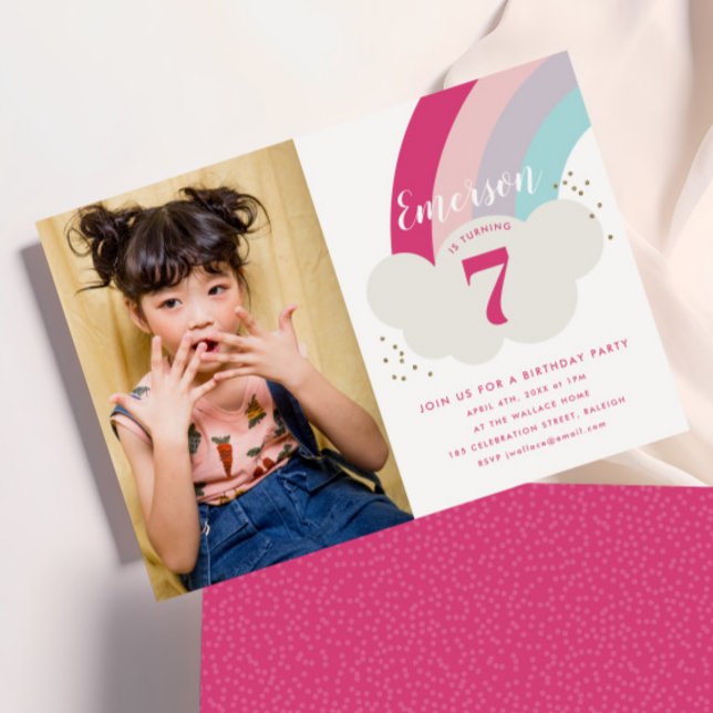 Convite Festa de aniversário infantil com nuvem de arco-ír (Kids Rainbow Photo Birthday Party Invitations.)