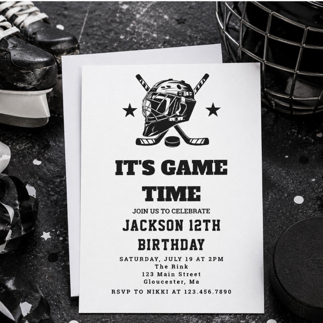 Convite Festa de Aniversário Infantil com Tema de Hóquei P (Hockey black and White Themed Kids Birthday Party Invitation)