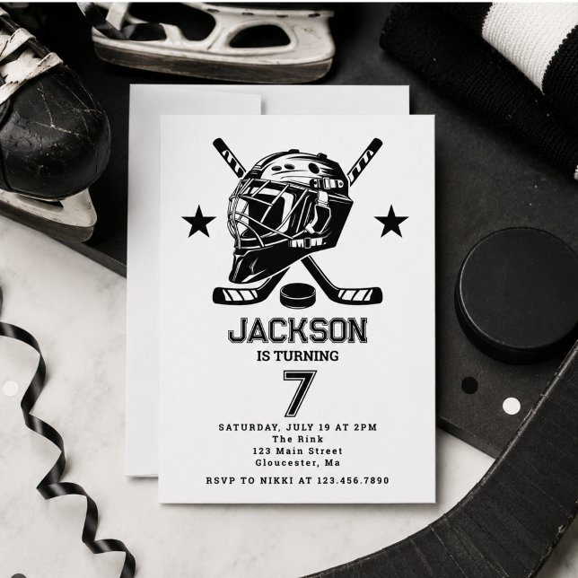Convite Festa de Aniversário Infantil com Tema de Hóquei P (Hockey black and White Themed Kids Birthday Party Invitation)