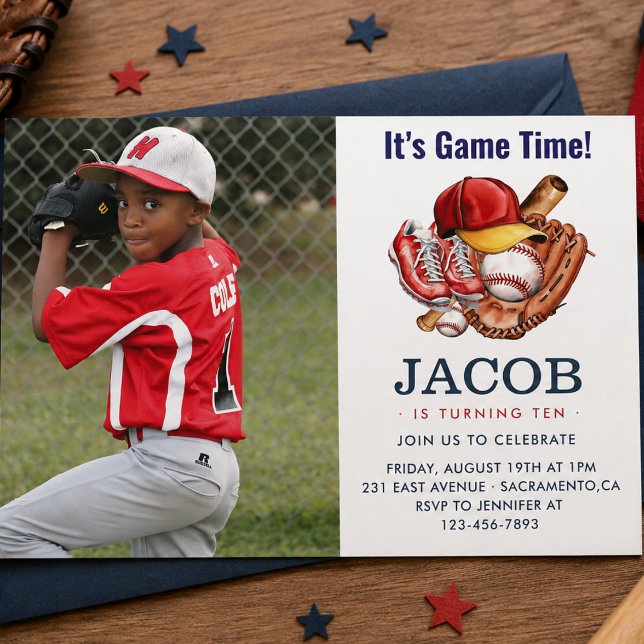 Convite Festa de Aniversário Infantil de Beisebol Azul Mar (Navy Blue Baseball Kids Birthday Party Watercolor Invitation)