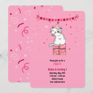 Convite Festa de Aniversário Infantil Gato Rosa