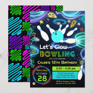 Convite Festa de Aniversário Infantil Glow Bowling Neon Co
