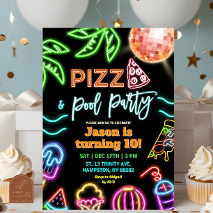 Convite Festa de Aniversário Infantil Neon Pizza Pool Part