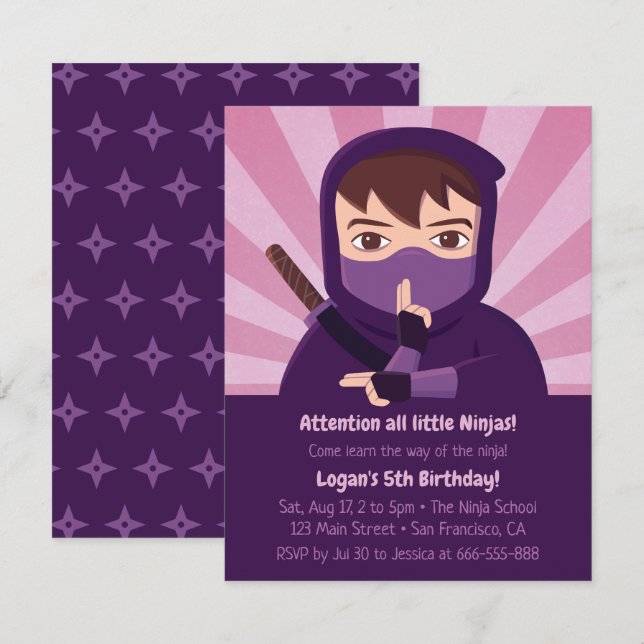 Convite Festa de Aniversário Infantil Ninja Aprender Ninju (Frente/Verso)