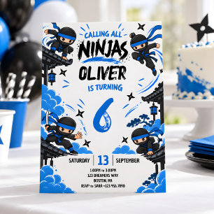 Convite Festa de Aniversário Infantil Ninja Azul e Preto p