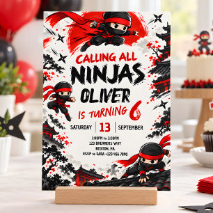 Convite Festa de Aniversário Infantil Ninja Vermelho e Pre