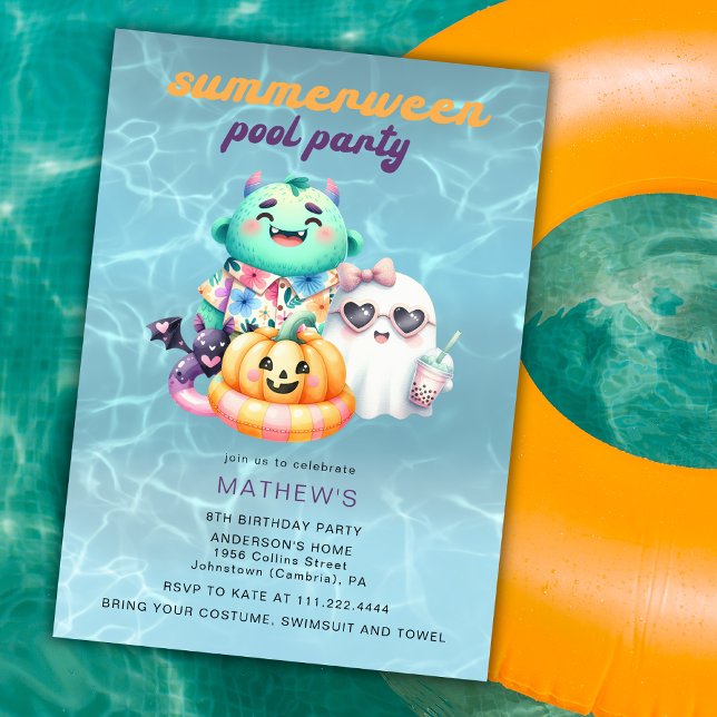 Convite Festa de Aniversário Infantil Summerween Pool Part (Criador carregado)