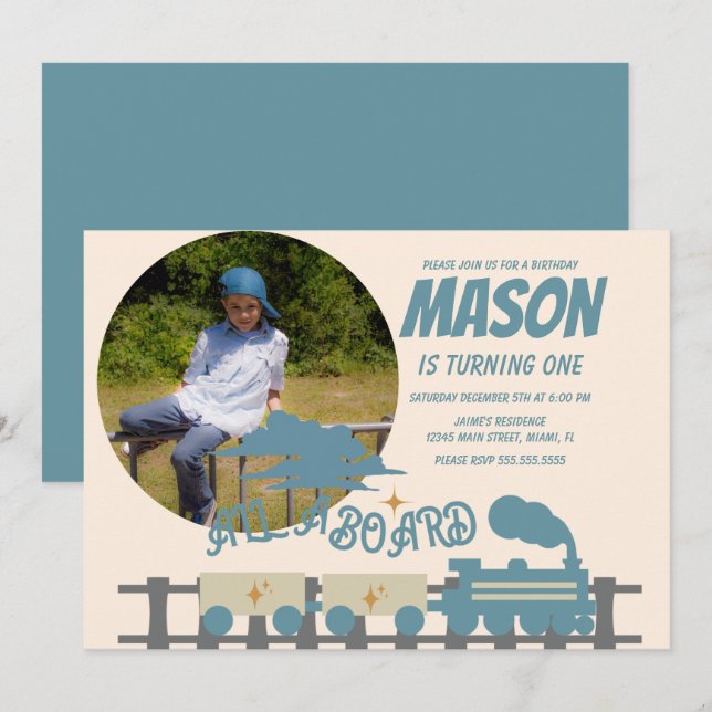 Convite Festa de Aniversário Infantil Trem Retrô Terra  Fo (Frente/Verso)