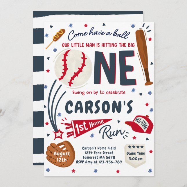 Convite Festa de aniversário inicial da rua Baseball 1 (Frente/Verso)