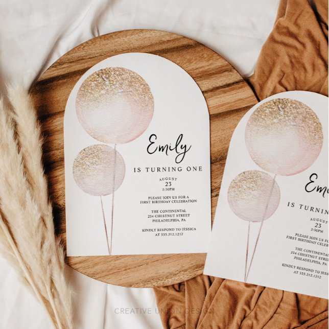 Convite Festa de aniversário inicial de balões brilhantes  (Minimal First Birthday)