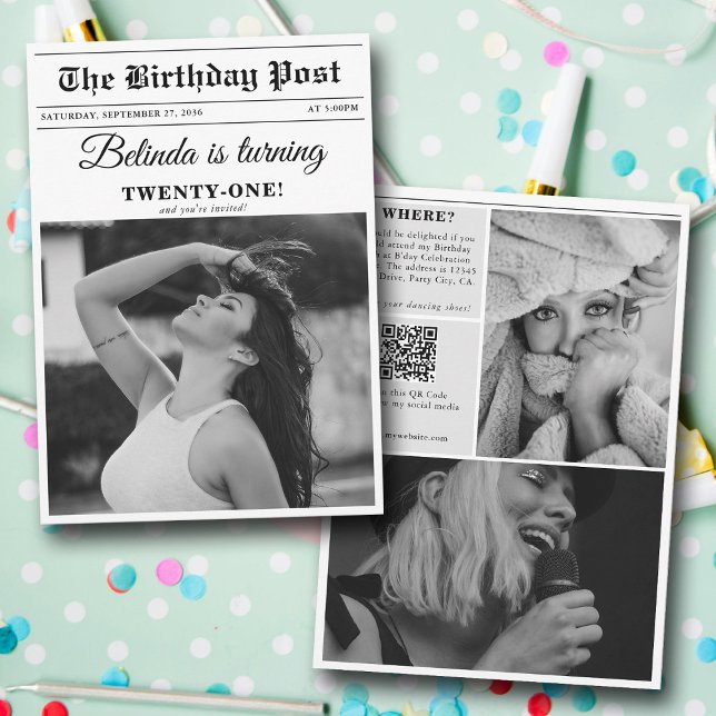Convite Festa de aniversário Jornal Divertido Foto Preta e (Birthday Party Newspaper Fun Black & White Photo Invitation)