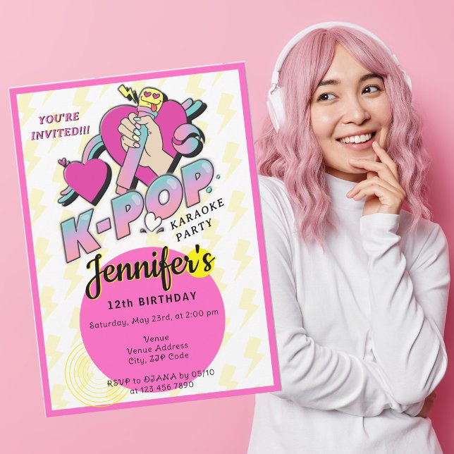 Convite Festa de aniversário K-Pop da Música Coreana Trend (K-Pop Korean Music Star Trendy Kpop Girly Teen Tween Birthday Party Invitation Girl Karaoke party)