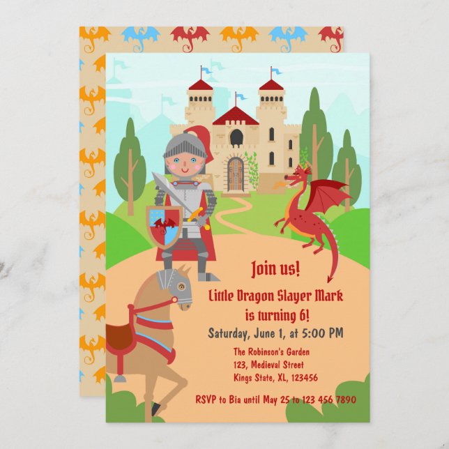Convite Festa de aniversário Knight Boy do Dragão (Frente/Verso)