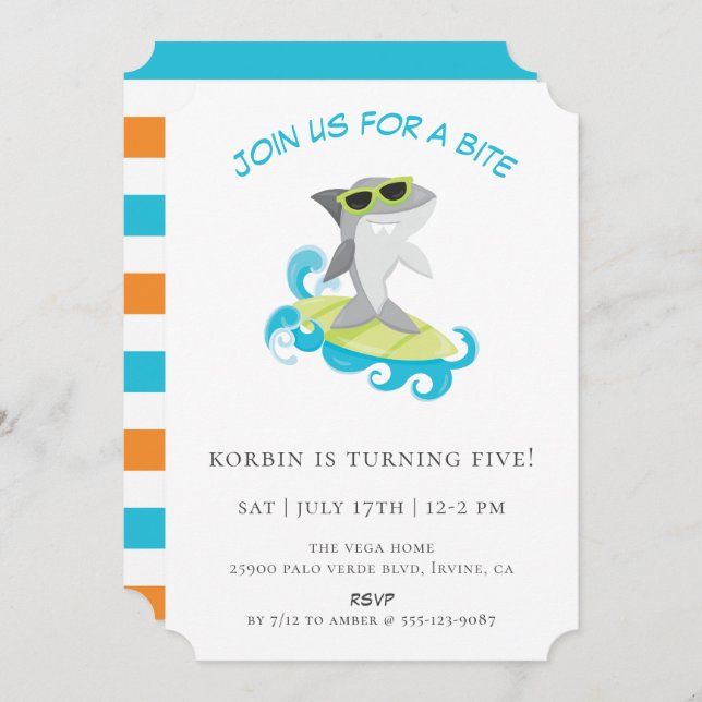 Convite Festa de aniversário Legal de tubarão de surfe (Frente/Verso)