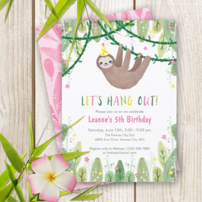 Convite Festa de aniversário Lenta em Rosa e Amarelo (Super fun sloth birthday invitation)