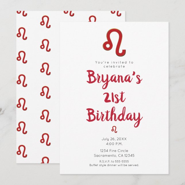 Convite Festa de Aniversário LEO Zodíaco Astrologia Julho  (Frente/Verso)