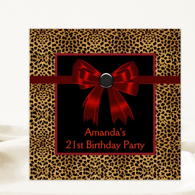Convite Festa de aniversário-leopardo vermelho-legante (Any number or event elegant red bow leopard invitation. Simply add your text to the front and back.)