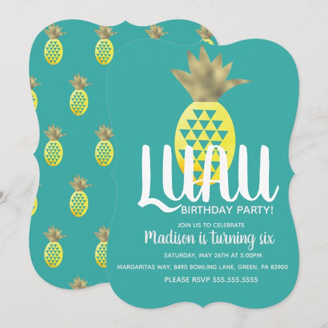 Convite Festa de Aniversário LUAU de Abacaxi Qualquer Idad (Frente/Verso)