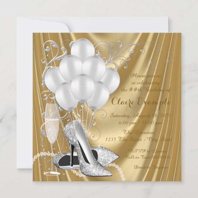 Convite Festa de Aniversário Luxo Dourada e Prateada para  (Frente)