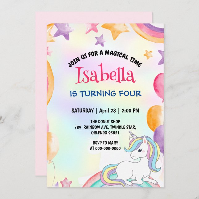 Convite Festa de aniversário mágica cega do arco-íris Unic (Frente/Verso)