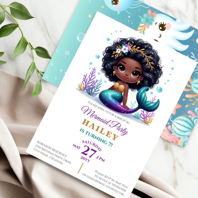 Convite Festa de aniversário Mágica de Sereia (Celebrate your little girl's special day with a customizable magical mermaid birthday party invite.)
