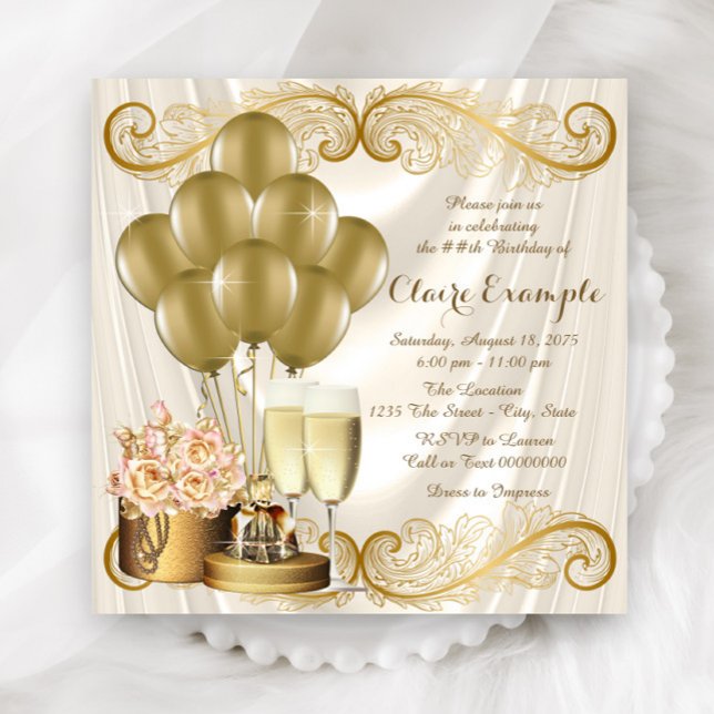 Convite Festa de Aniversário Marfim e Dourado para Mulhere (Beautiful ivory and gold any number birthday and event invitation. Simply add your event details.)