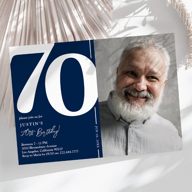 Convite Festa de aniversário marinho 70 Blue Photo (Criador carregado)