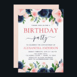 Convite Festa de aniversário Marinho Azul Cor-de-rosa azul<br><div class="desc">As Flores Florais Azuis e Rosa-Esbranquiçadas marinhos e Convites de festas de aniversários de Aquarela Verde incluem uma bela e elegante tipografia com modernas flores cor-de-rosa-pinceladas botânicas e azul-Marinho para as 16º,  18º,  21ruas,  30,  40º,  50º,  60º,  celebração de 70.</div>