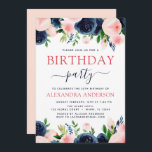 Convite Festa de aniversário Marinho Azul Cor-de-rosa azul<br><div class="desc">As Flores Florais Azuis e Rosa-Esbranquiçadas marinhos e Convites de festas de aniversários de Aquarela Verde incluem uma bela e elegante tipografia com modernas flores cor-de-rosa-pinceladas botânicas e azul-Marinho para as 16º,  18º,  21ruas,  30,  40º,  50º,  60º,  celebração de 70.</div>