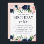 Convite Festa de aniversário Marinho Azul Cor-de-rosa azul<br><div class="desc">As Flores Florais Azuis e Rosa-Esbranquiçadas marinhos e Convites de festas de aniversários de Aquarela Verde incluem uma bela e elegante tipografia com modernas flores cor-de-rosa-pinceladas botânicas e azul-Marinho para as 16º,  18º,  21ruas,  30,  40º,  50º,  60º,  celebração de 70.</div>