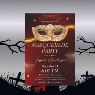 Convite Festa de Aniversário Máscara Preta Elegante Dourad