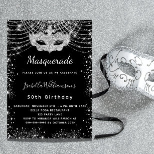 Convite festa de aniversário mascarada preta de brilho pra