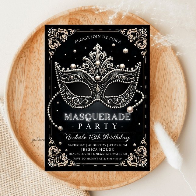 Convite Festa de Aniversário Mascarada Preto e Branco (Masquerade Black White Birthday Party Invitation)