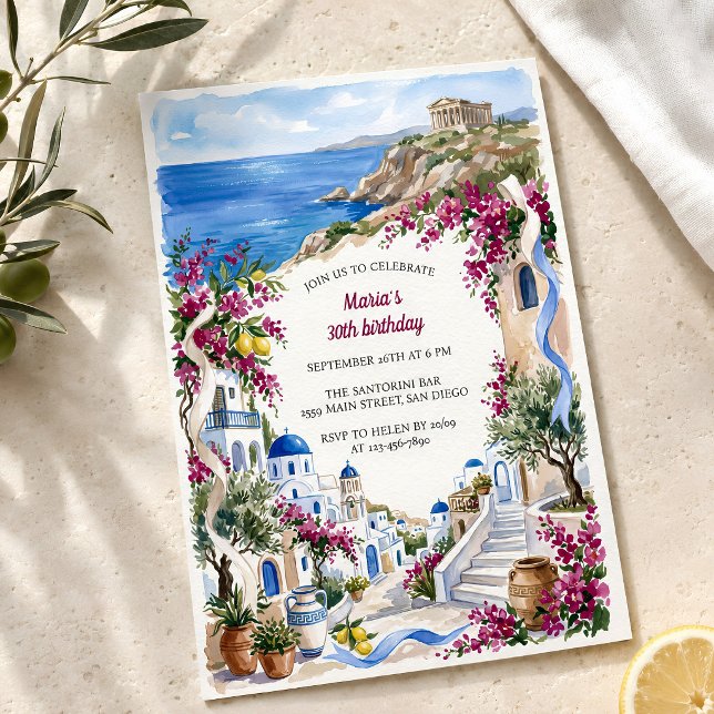 Convite Festa de Aniversário Mediterrânea com Tema Grego (Watercolor Greek Themed Birthday Party Invitation. Elegant Floral Mediterranean Party Invite)