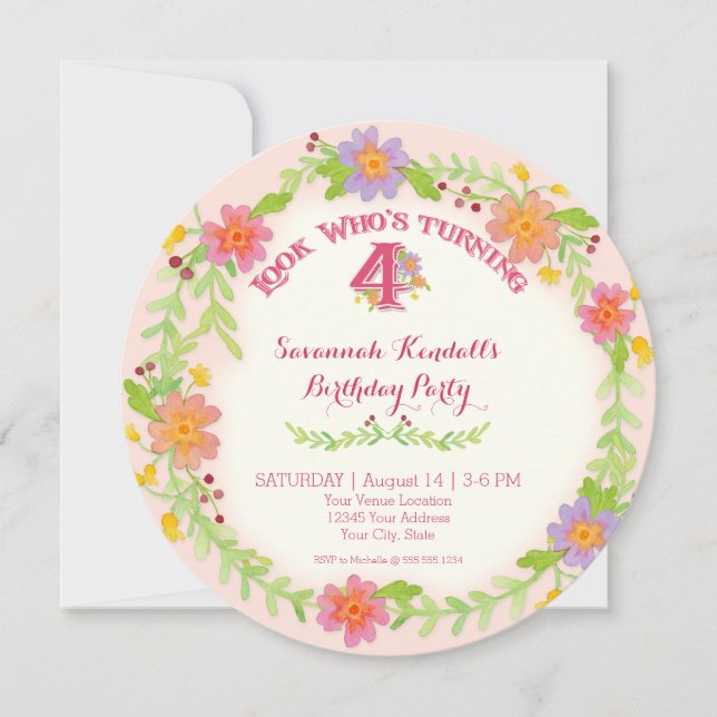 Convite Festa de Aniversário Menina 4 Anos, Floral Aquarel (Frente)