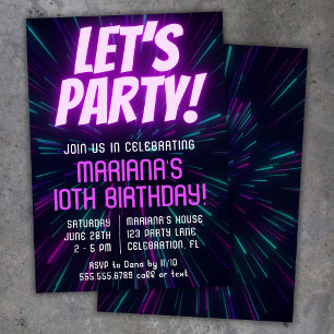 Convite Festa de Aniversário Menina Neon Roxo Rosa