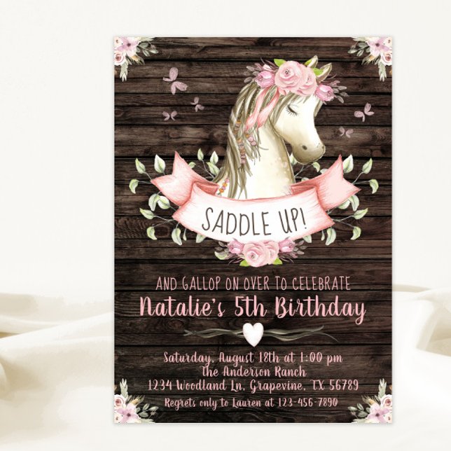 Convite Festa de Aniversário Meninas Cavalo Madeira Rústic (Cute rustic watercolor pony any number birthday party invitation. Simply add your event details.)