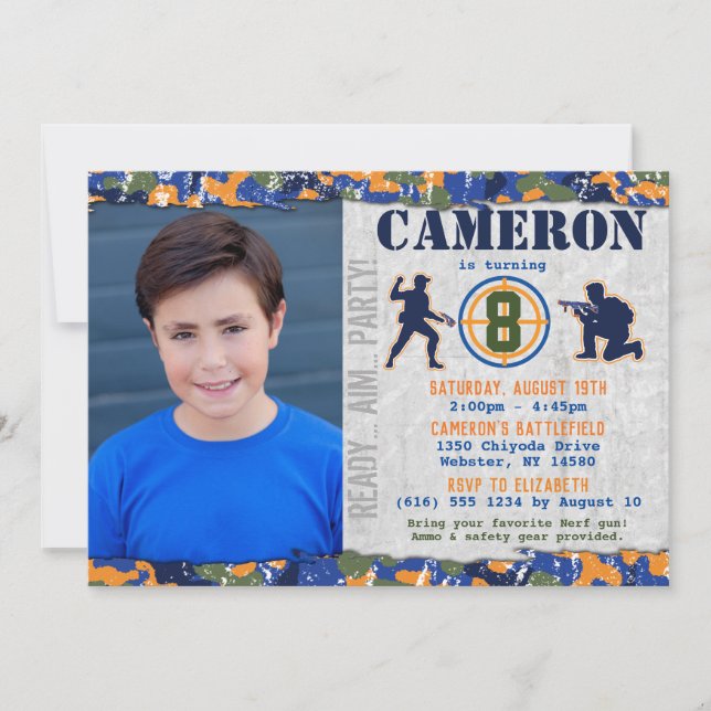 Convite Festa de Aniversário Militar Foto Dardos Camuflage (Frente)