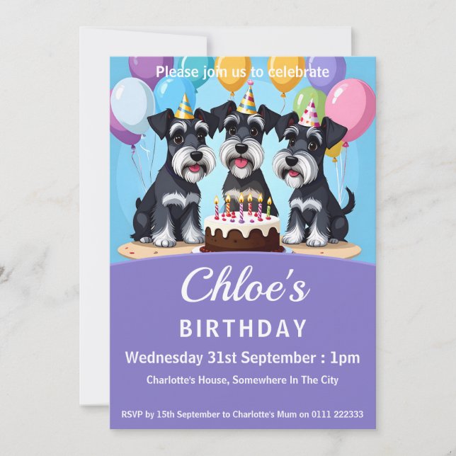 Convite Festa de aniversário Miniatura Schnauzers (Frente)