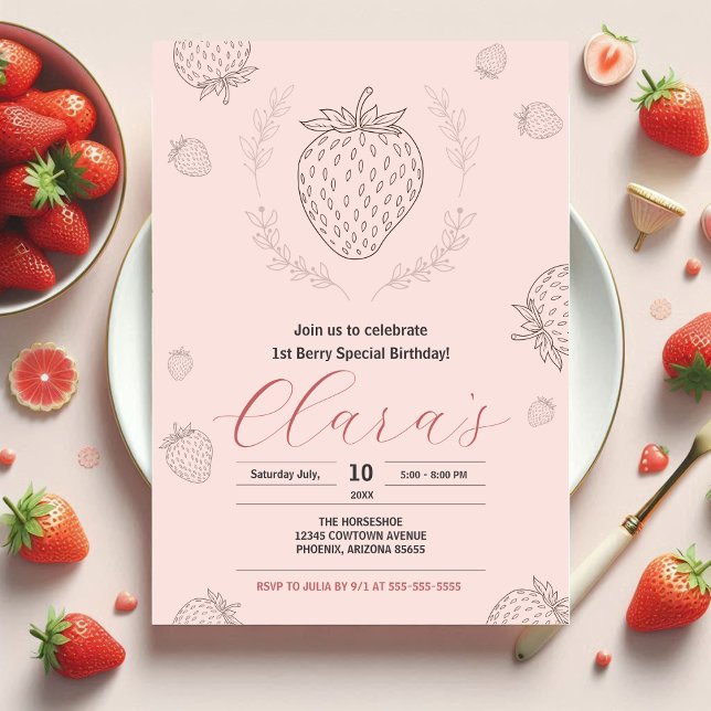 Convite Festa de aniversário Mínima de Morango Rosa Suave (Criador carregado)