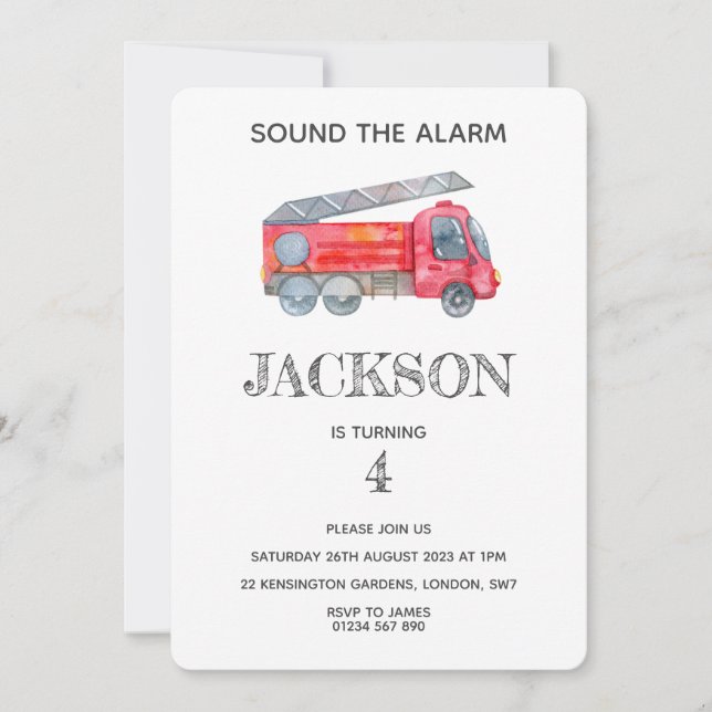 Convite Festa de aniversário Mínima Moderna de Bombeiros (Frente)