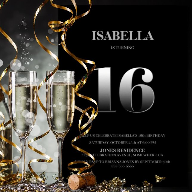 Convite Festa de aniversário Mínima Preta e Prata 16 (Criador carregado)