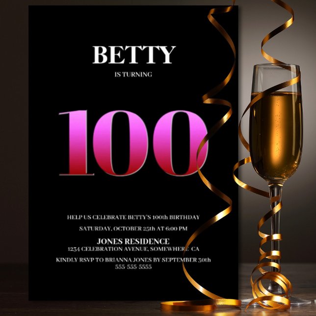 Convite Festa de aniversário Mínima Preta e Rosa 100 (Criador carregado)