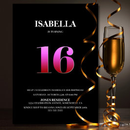 Convite Festa de aniversário Mínima Preta e Rosa 16