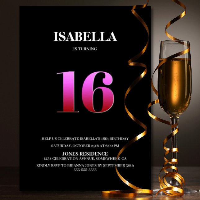 Convite Festa de aniversário Mínima Preta e Rosa 16 (Criador carregado)