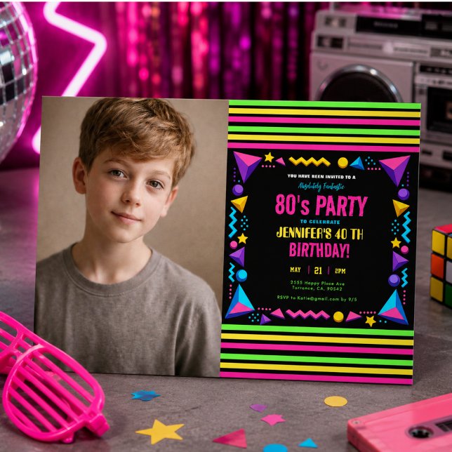 Convite Festa de Aniversário Modern Retro Neon 80 (Modern Retro Neon 80's Birthday Party Invitation)